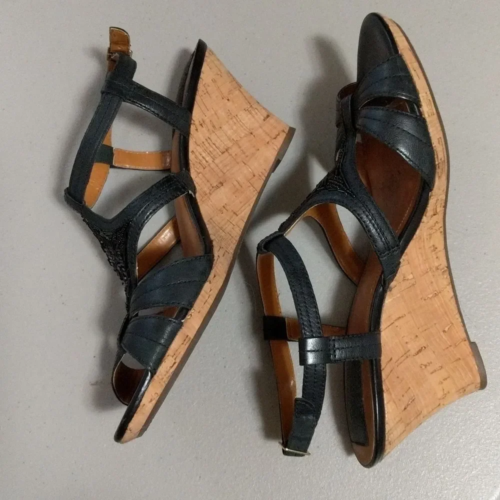 Clark's Black leather sling back cork wedge strappy beaded sandals 10M